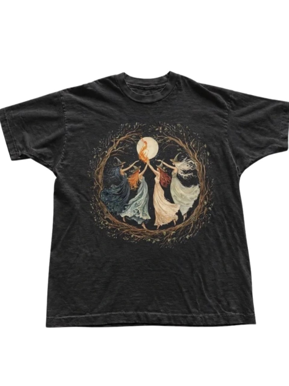 Black Short Sleeve Tee with Dancing Witches Moon Graphic